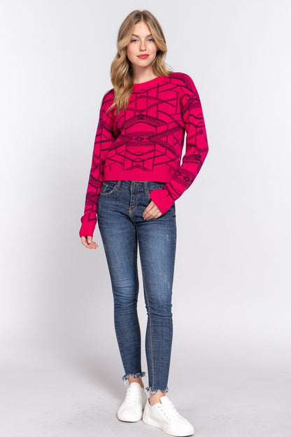 LONG SLV AZTEC PATTERN JACQUARD SWEATER