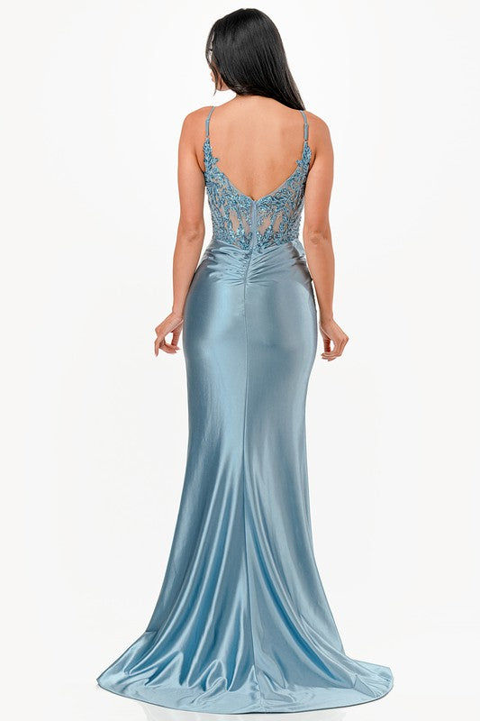 SEQUIN LACE & SATIN FRONT TWIST COCKTAIL MAXI DRESS