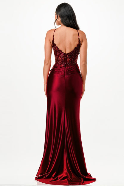 SEQUIN LACE & SATIN FRONT TWIST COCKTAIL MAXI DRESS