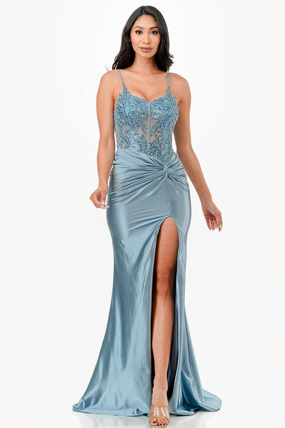 SEQUIN LACE & SATIN FRONT TWIST COCKTAIL MAXI DRESS