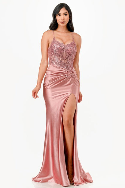 SEQUIN LACE & SATIN FRONT TWIST COCKTAIL MAXI DRESS