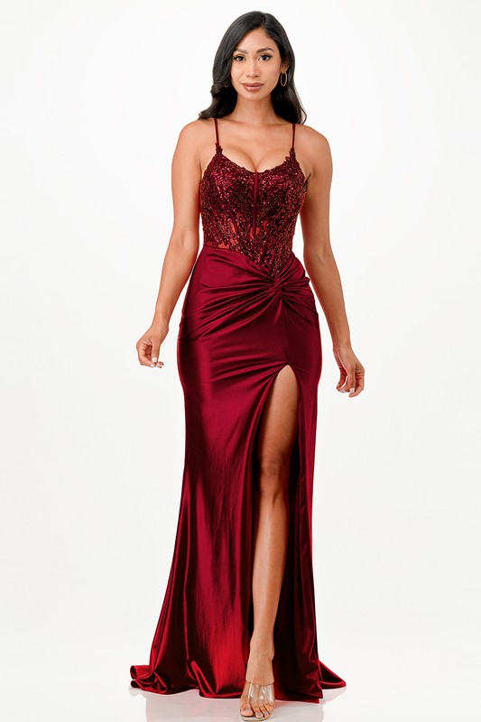 SEQUIN LACE & SATIN FRONT TWIST COCKTAIL MAXI DRESS