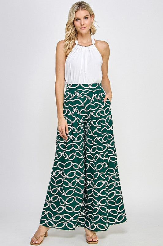 PRINTED WIDE LEG PANTS WITH TUCK PLEATS