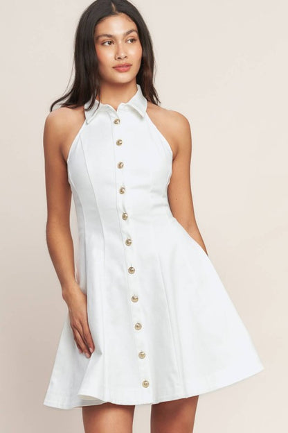 SOLID WOVEN BUTTON DOWN MINI DRESS