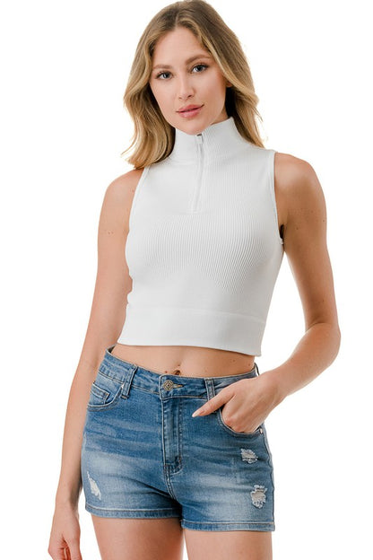 RIBBED HALF ZIP MOCK NECK TANK TOP