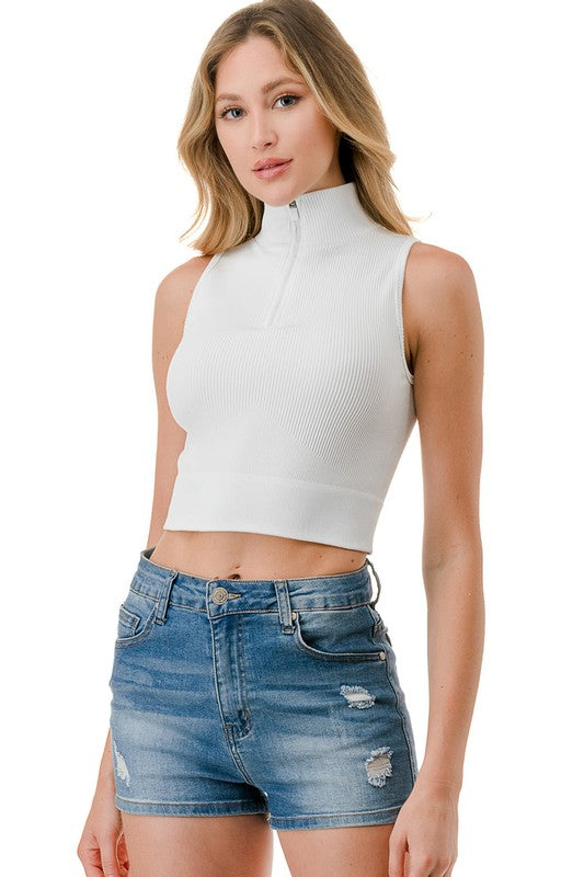 RIBBED HALF ZIP MOCK NECK TANK TOP