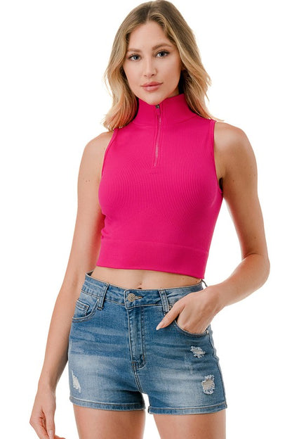 RIBBED HALF ZIP MOCK NECK TANK TOP