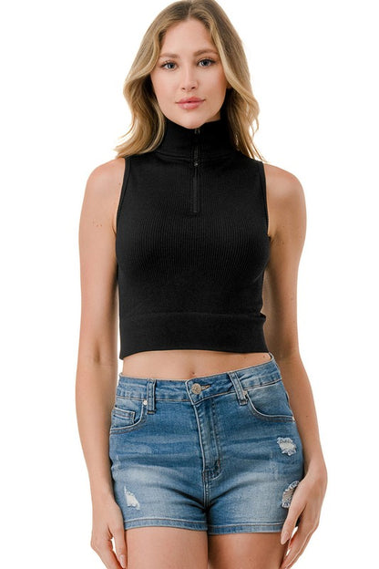 RIBBED HALF ZIP MOCK NECK TANK TOP