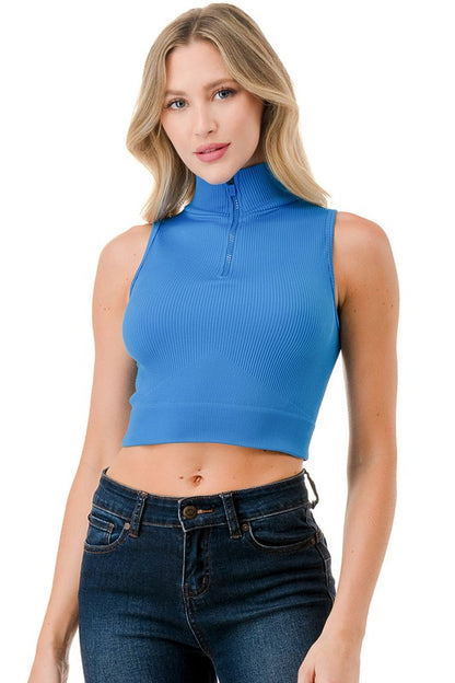 RIBBED HALF ZIP MOCK NECK TANK TOP