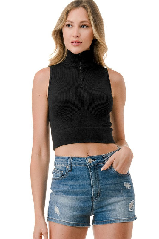 RIBBED HALF ZIP MOCK NECK TANK TOP