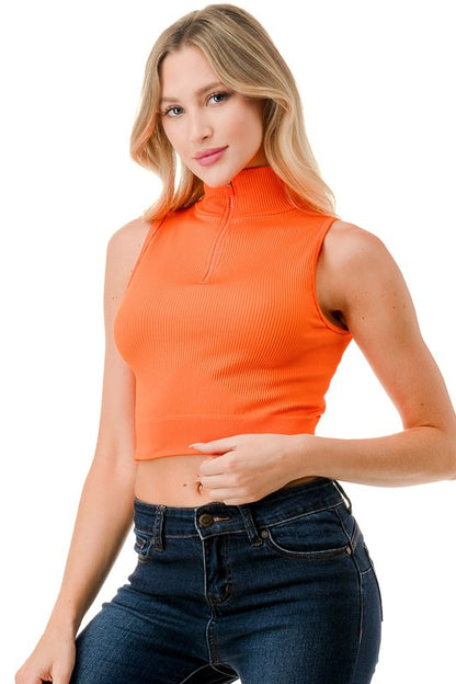 RIBBED HALF ZIP MOCK NECK TANK TOP