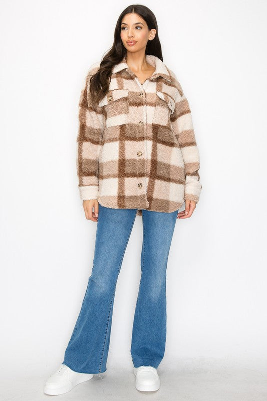 Plaid Faux Wool Collared Jacket