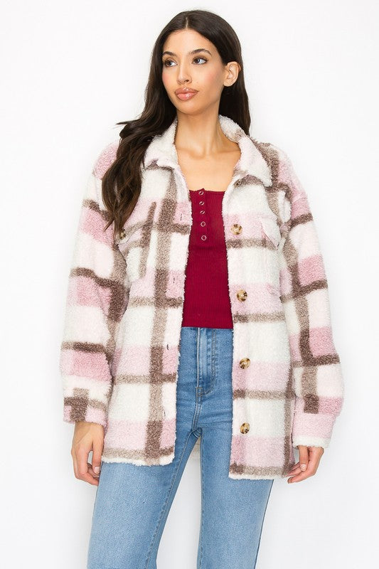 Plaid Faux Wool Collared Jacket