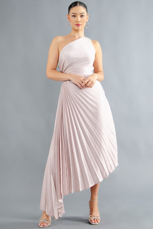 SOLID RUCHED PLEATED ONE SHOULDER HI LOW DRESS