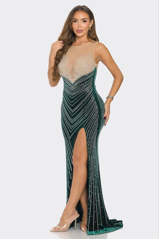 RHINESTONE VELVET CONTRAST MAXI DRESS