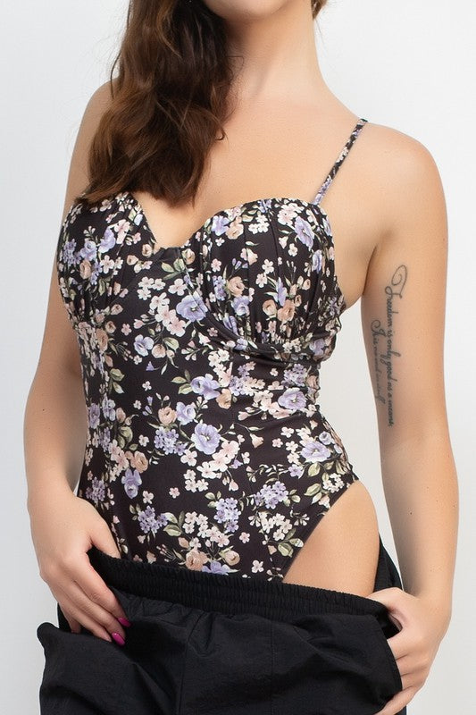 Floral Shirred Cup Sweetheart Bodysuit