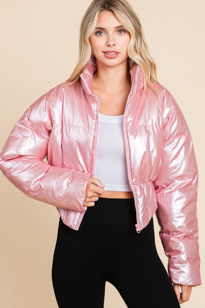 SHINY CROP MOCK NECK PUFFER JACKET