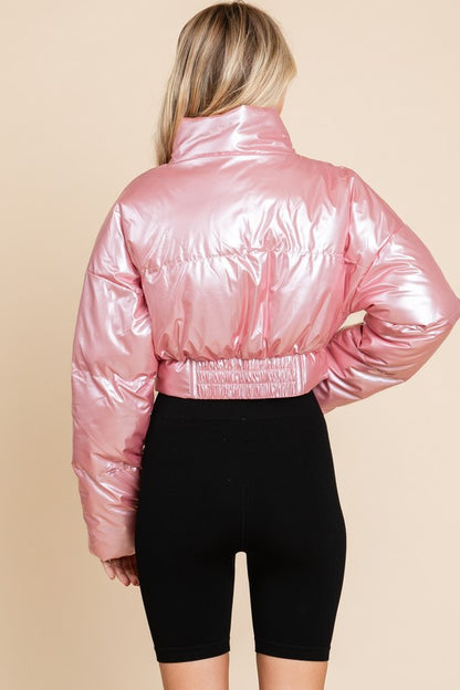 SHINY CROP MOCK NECK PUFFER JACKET