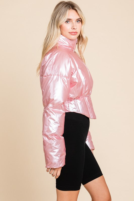 SHINY CROP MOCK NECK PUFFER JACKET