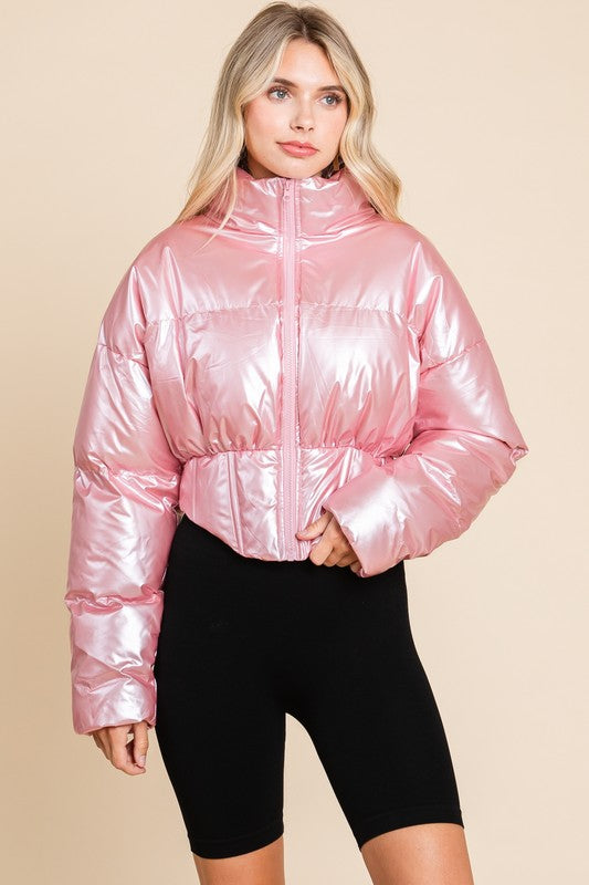 SHINY CROP MOCK NECK PUFFER JACKET