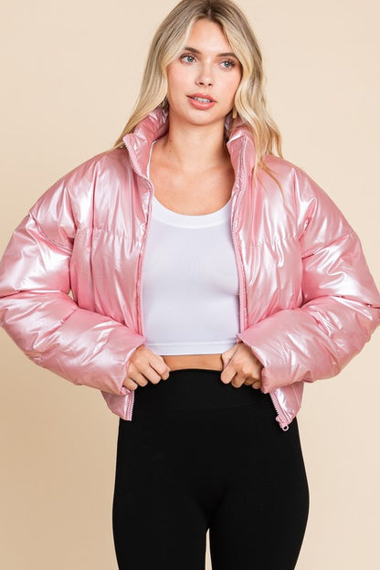 SHINY CROP MOCK NECK PUFFER JACKET