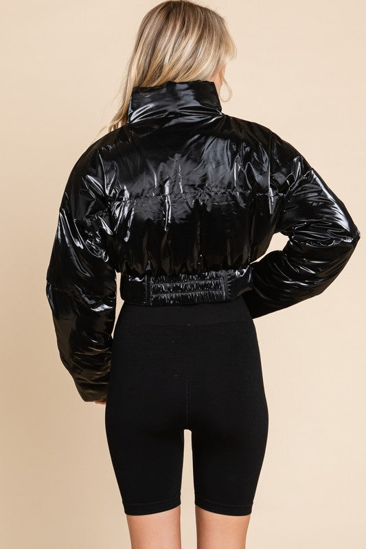 SHINY CROP MOCK NECK PUFFER JACKET