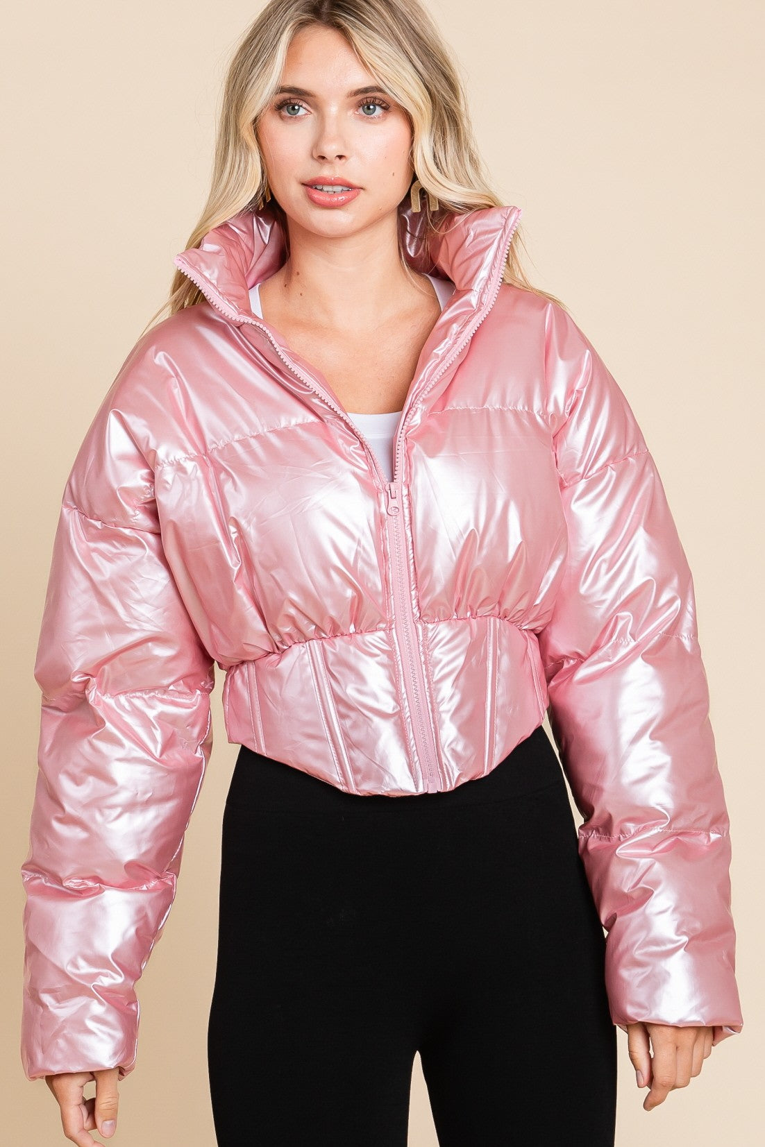 SHINY CROP MOCK NECK PUFFER JACKET