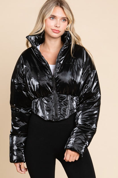 SHINY CROP MOCK NECK PUFFER JACKET