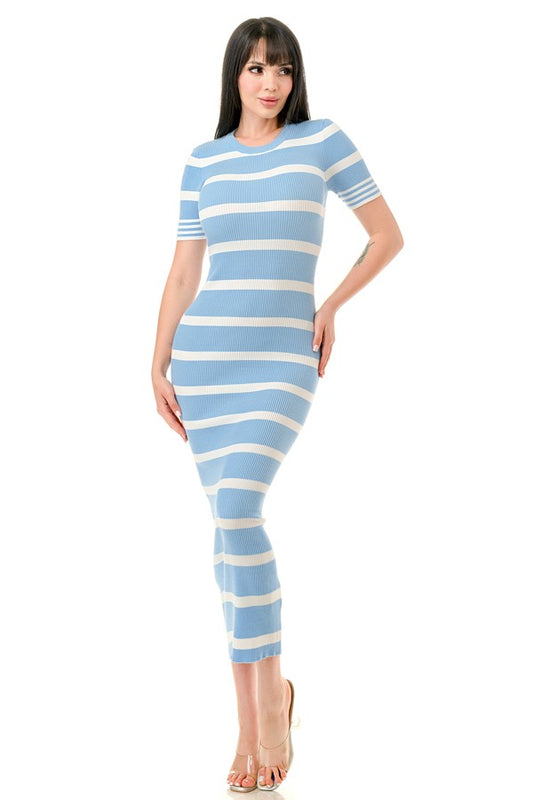 SHORT SLEEVE STRIPED MAXI DRESS