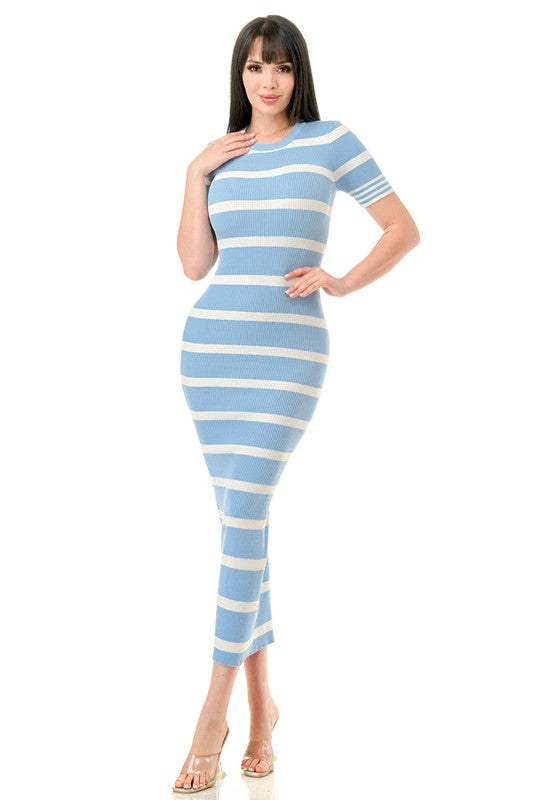 SHORT SLEEVE STRIPED MAXI DRESS