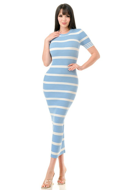 SHORT SLEEVE STRIPED MAXI DRESS