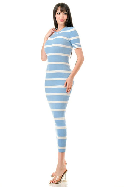 SHORT SLEEVE STRIPED MAXI DRESS