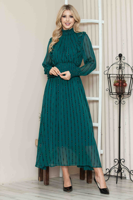 RUFFLE TRIM LONG SLEEVE MAXI DRESS