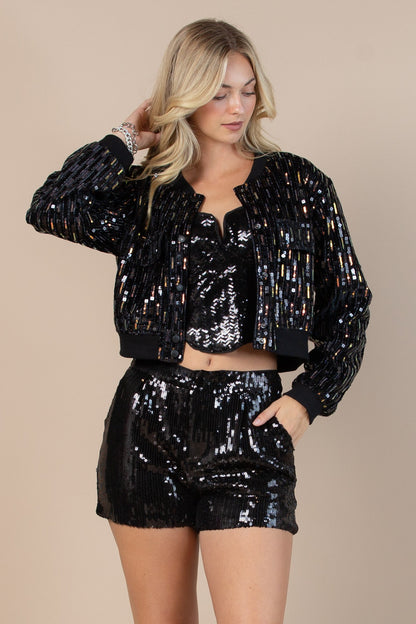 Sparkly Glitter Button Front Crop Bomber Jacket