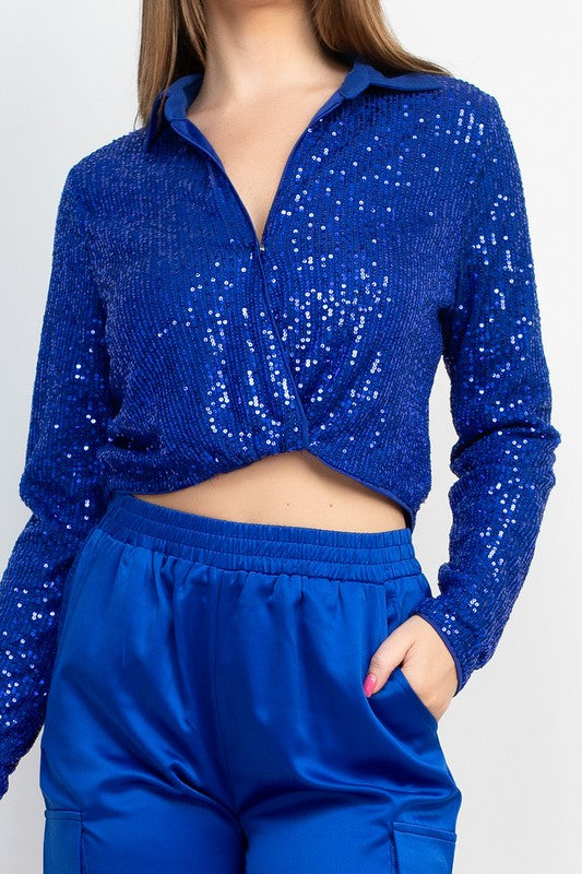 Wrap Surplice Sequin Crop Top