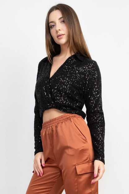 Wrap Surplice Sequin Crop Top