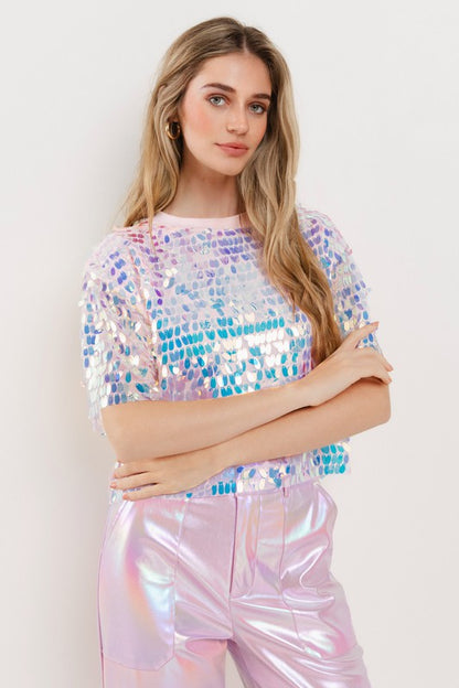 Oval Knit Sequin Party Short Sleeves Top