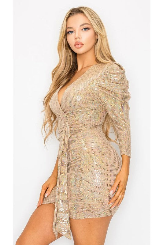 3/4 PUFF SLEEVE SASH SEQUIN MINI Cocktail DRESS