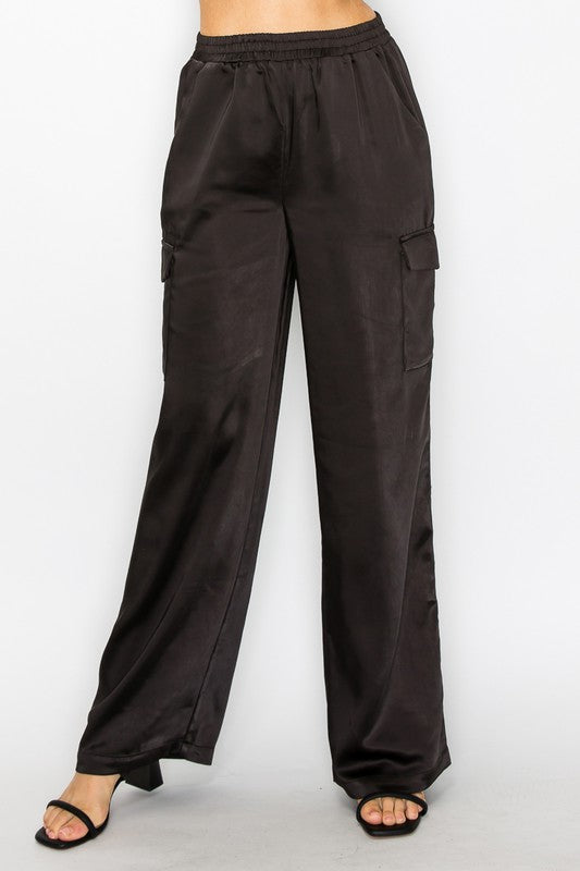 ELASTIC HIGHT WAIST SATING CARGO PANTS