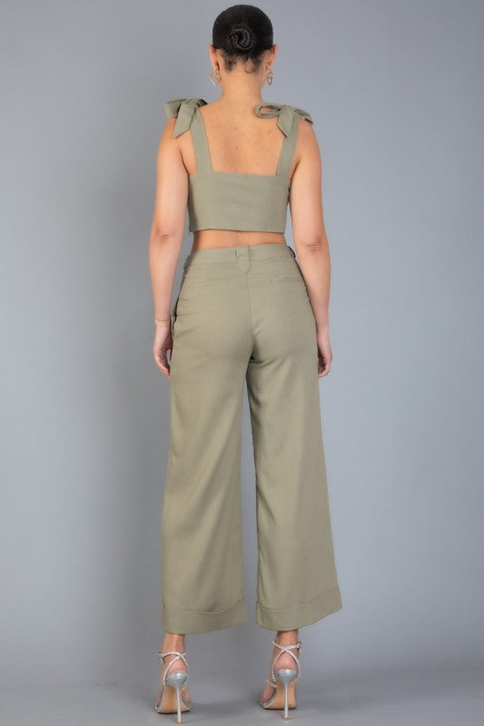 LINEN BLENDS SLEEVELESS RUFFLE TOP AND PANTS SET