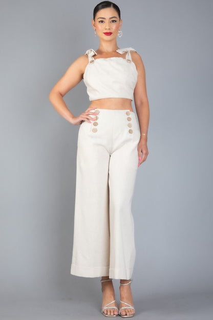 LINEN BLENDS SLEEVELESS RUFFLE TOP AND PANTS SET