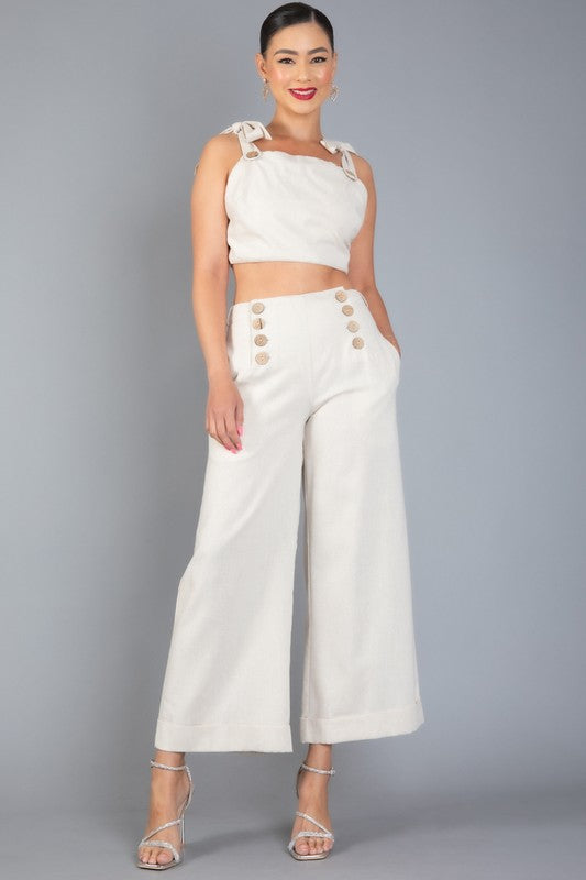 LINEN BLENDS SLEEVELESS RUFFLE TOP AND PANTS SET