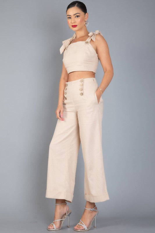 LINEN BLENDS SLEEVELESS RUFFLE TOP AND PANTS SET