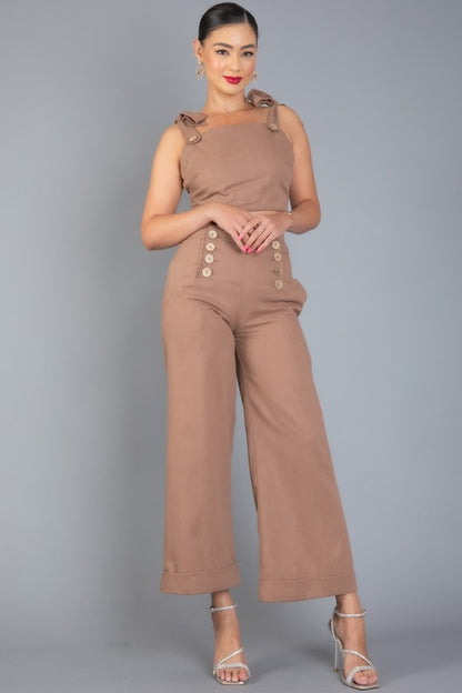 LINEN BLENDS SLEEVELESS RUFFLE TOP AND PANTS SET