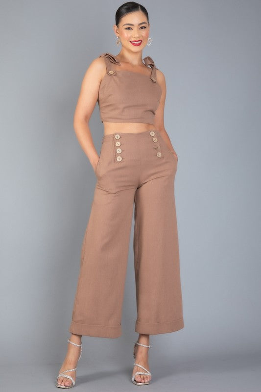 LINEN BLENDS SLEEVELESS RUFFLE TOP AND PANTS SET