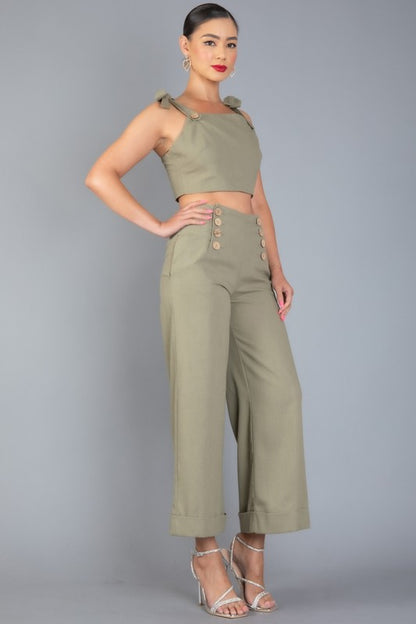 LINEN BLENDS SLEEVELESS RUFFLE TOP AND PANTS SET