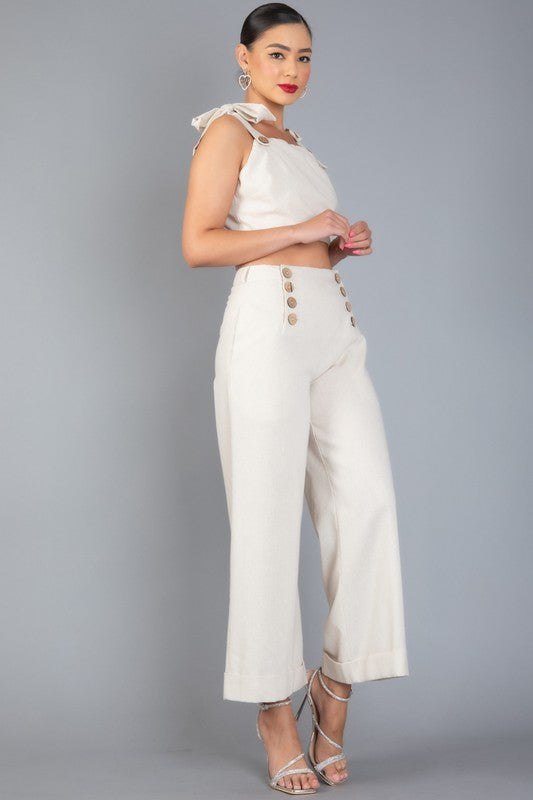 LINEN BLENDS SLEEVELESS RUFFLE TOP AND PANTS SET