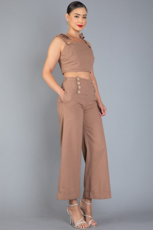 LINEN BLENDS SLEEVELESS RUFFLE TOP AND PANTS SET