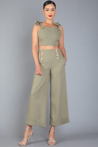 LINEN BLENDS SLEEVELESS RUFFLE TOP AND PANTS SET