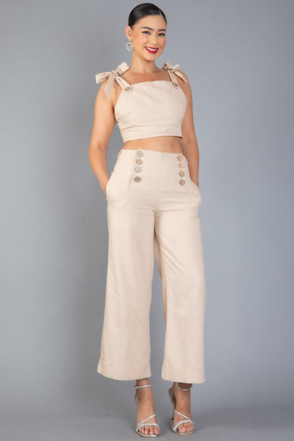 LINEN BLENDS SLEEVELESS RUFFLE TOP AND PANTS SET